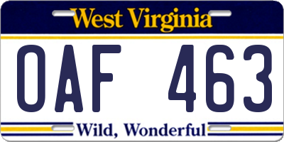 WV license plate OAF463