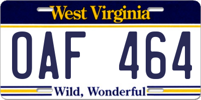 WV license plate OAF464