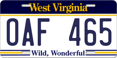 WV license plate OAF465