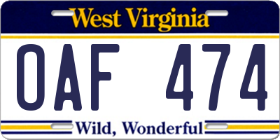 WV license plate OAF474