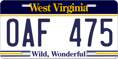 WV license plate OAF475