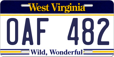WV license plate OAF482