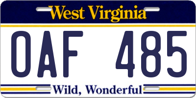 WV license plate OAF485