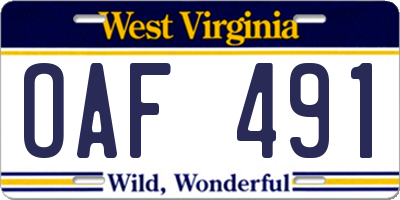 WV license plate OAF491