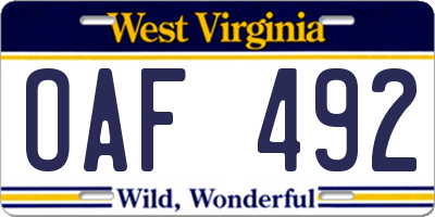 WV license plate OAF492