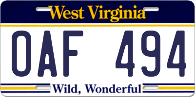 WV license plate OAF494