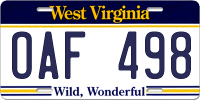 WV license plate OAF498
