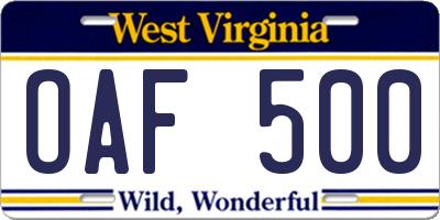 WV license plate OAF500