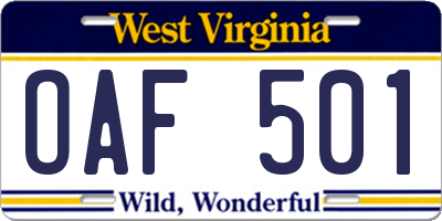 WV license plate OAF501