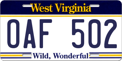 WV license plate OAF502