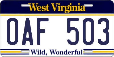 WV license plate OAF503