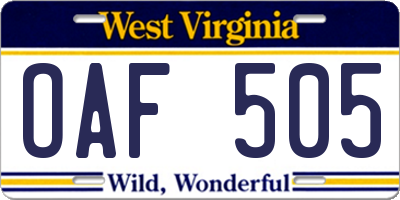 WV license plate OAF505