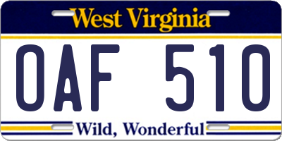 WV license plate OAF510