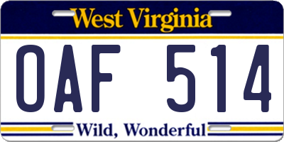 WV license plate OAF514