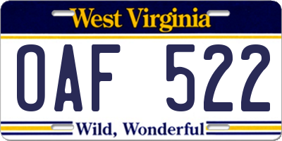 WV license plate OAF522