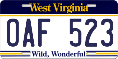 WV license plate OAF523