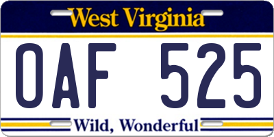 WV license plate OAF525