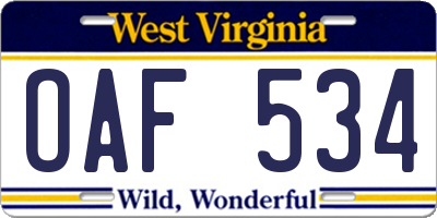 WV license plate OAF534