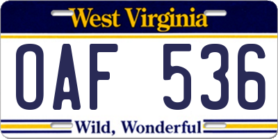 WV license plate OAF536