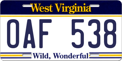 WV license plate OAF538