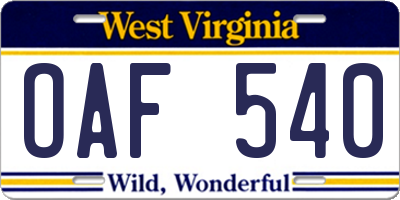 WV license plate OAF540