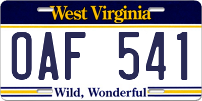 WV license plate OAF541