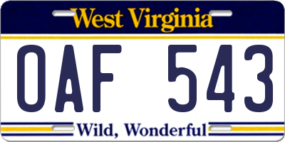 WV license plate OAF543