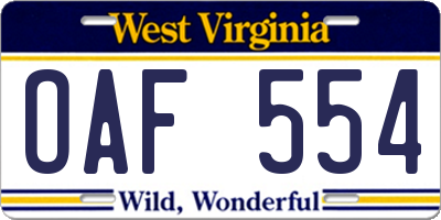 WV license plate OAF554