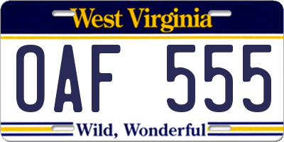 WV license plate OAF555