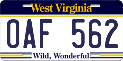 WV license plate OAF562