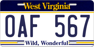WV license plate OAF567