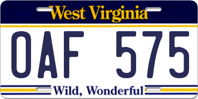 WV license plate OAF575