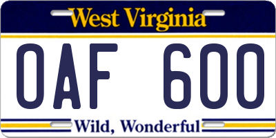 WV license plate OAF600