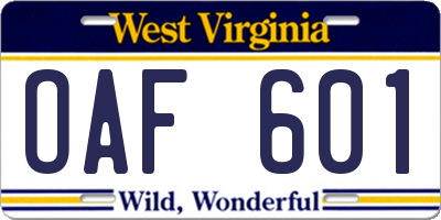 WV license plate OAF601