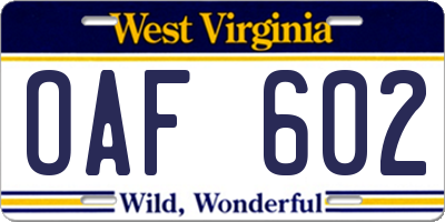 WV license plate OAF602