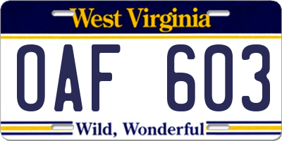 WV license plate OAF603