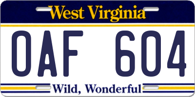 WV license plate OAF604
