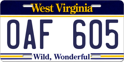 WV license plate OAF605