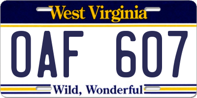 WV license plate OAF607