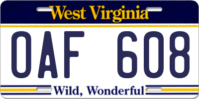 WV license plate OAF608