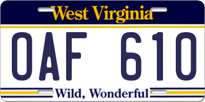 WV license plate OAF610