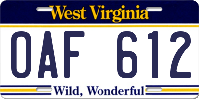 WV license plate OAF612