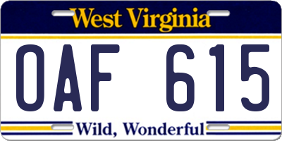 WV license plate OAF615