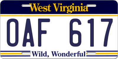 WV license plate OAF617