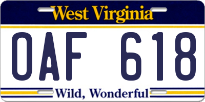 WV license plate OAF618
