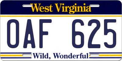 WV license plate OAF625