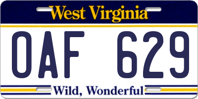WV license plate OAF629