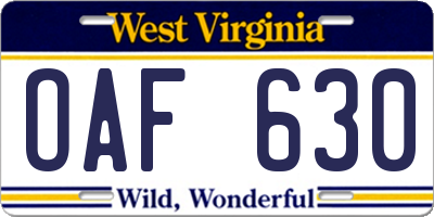 WV license plate OAF630