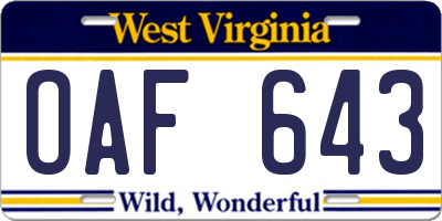 WV license plate OAF643
