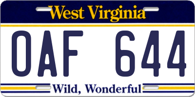 WV license plate OAF644